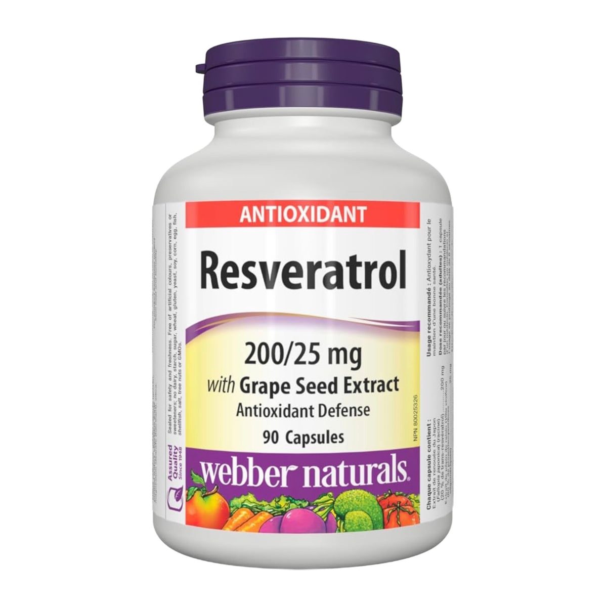 Flacon de resvératrol Webber Naturals 90 capsules sur fond blanc