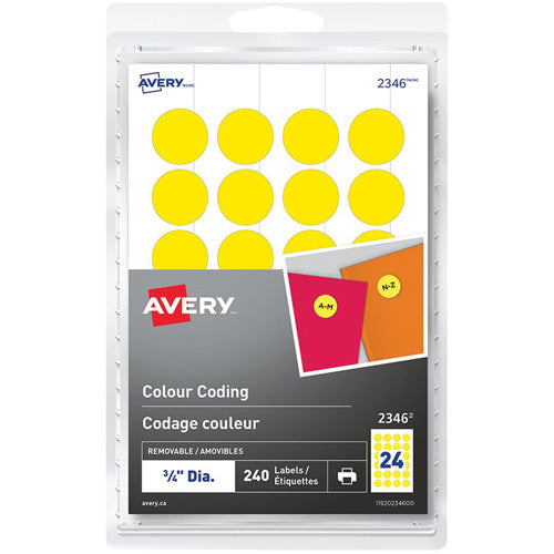 Étiquettes d'identification et de codage Avery Dennison 594648, rondes, jaunes, 3/4 po, paquet de 240