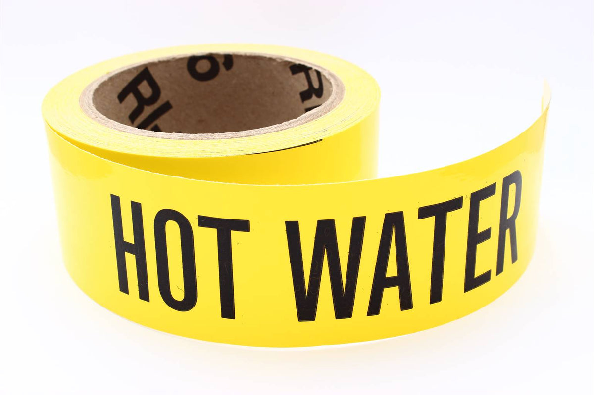 Ruban de marquage de tuyauterie autocollant, inscription HOT WATER (eau chaude), 2 po x 54 pi, 1 rouleau