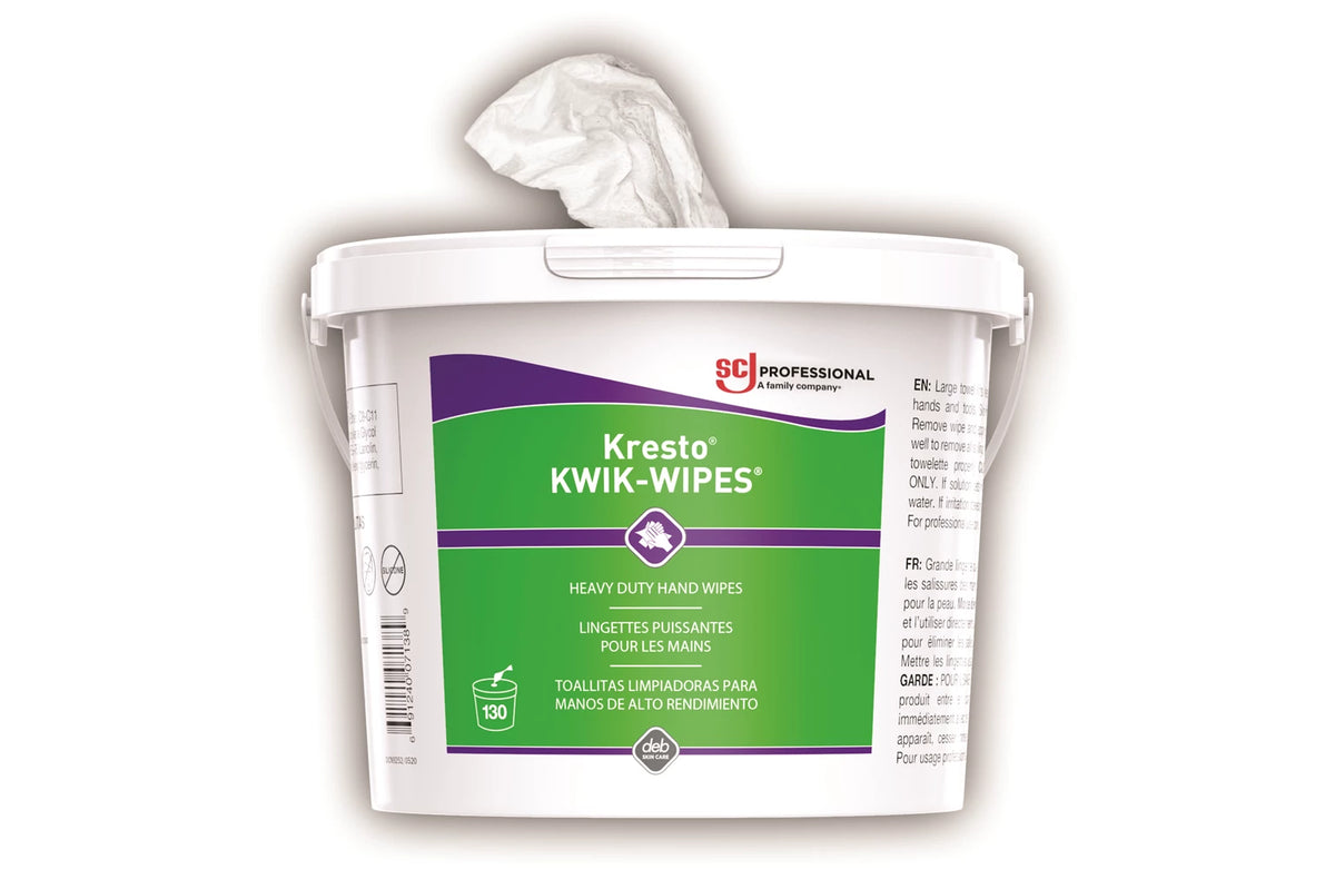 Lingettes nettoyantes robustes pour les mains Kresto Kwik-Wipes, 25 x 30 cm, seau de 130
