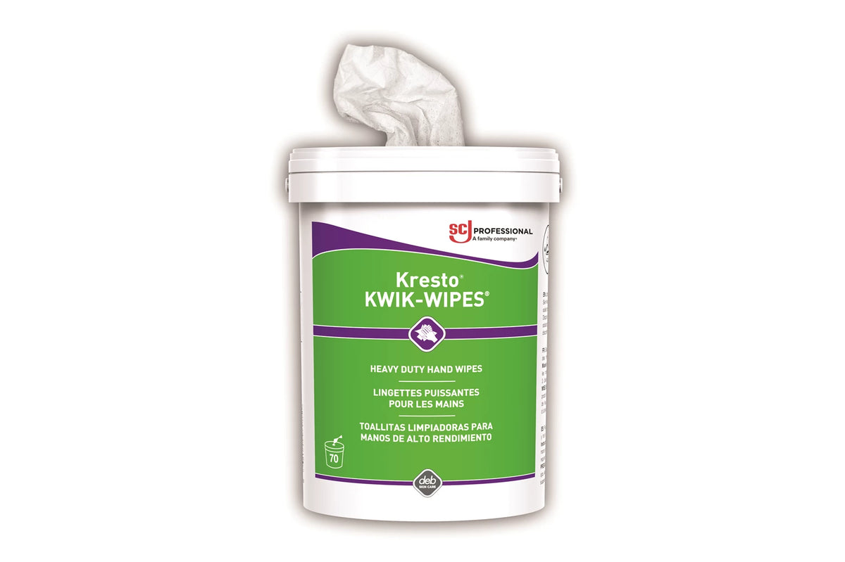 Lingettes nettoyantes robustes pour les mains Kresto Kwik-Wipes, 25 x 30 cm, contenant de 70