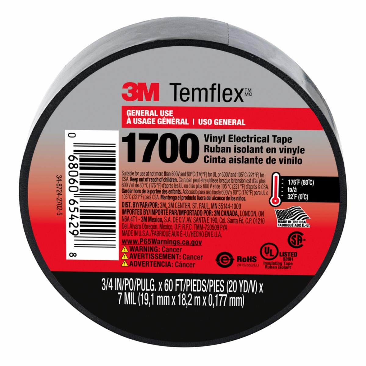 Ruban isolant en vinyle 3M Temflex 1700, noir, 3/4 po x 60 pi