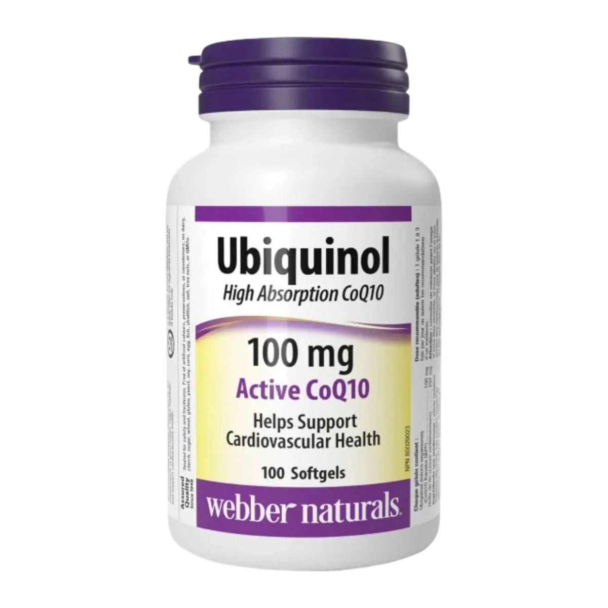 Flacon d'ubiquinol Webber Naturals 100 mg sur fond blanc
