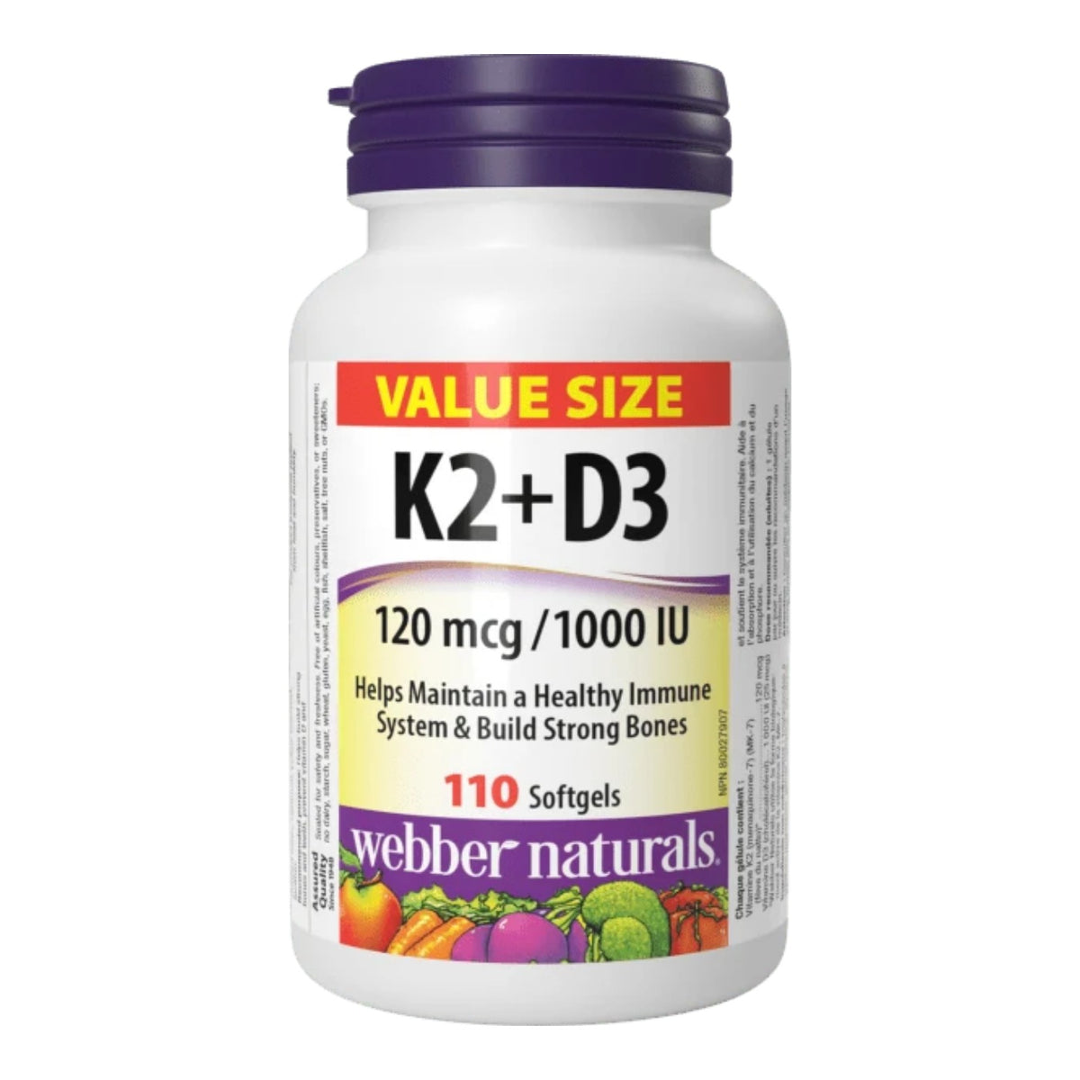 Vitamines K2 + D3 120 mcg Webber Naturals – 110 capsules molles